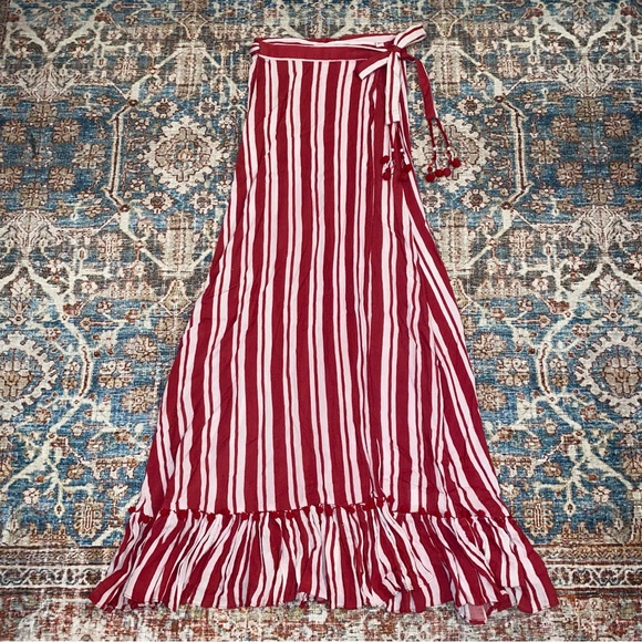 Lovers + Friends | Red/White Stripe Beach Pom Pom Ruffle Maxi Wrap Skirt - Picture 3 of 11